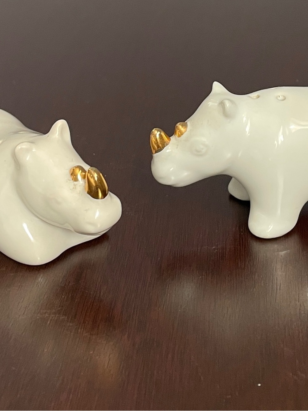 Adorable White Ceramic Rhino Salt and Pepper Set with Gold Tusk Accent